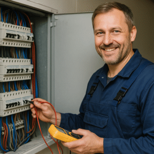 Eine männliche Person, Elektromeister, steht vor einem geöffneten Schaltschrank. Er trägt einen dunkelblauen Overall. In der Hand hält er ein elektronisches Messgerät.